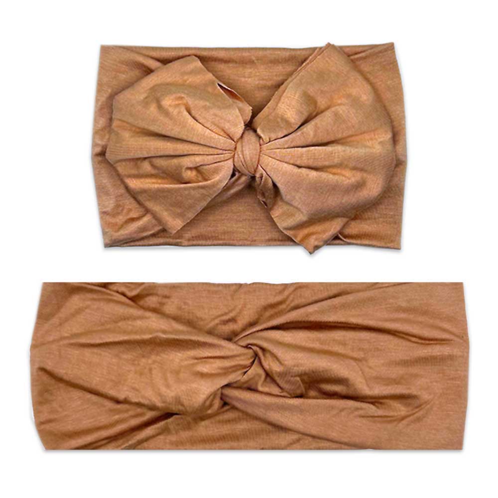 Two brown bow headbands by Tiny Knot Co on a white background.