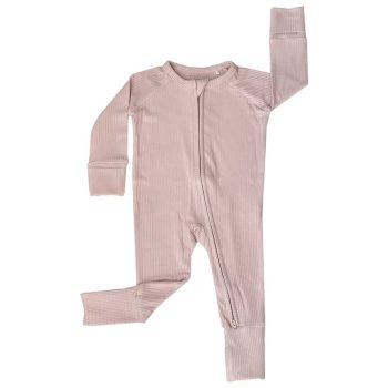 A Ribbed Zippered Romper - Glacier in a light pink color by Tiny Knot Co.