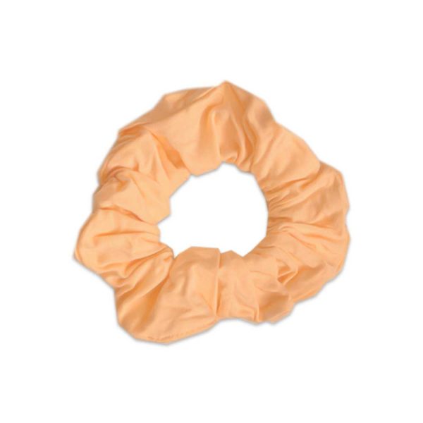 An orange scrunchie from Tiny Knot Co on a white background.